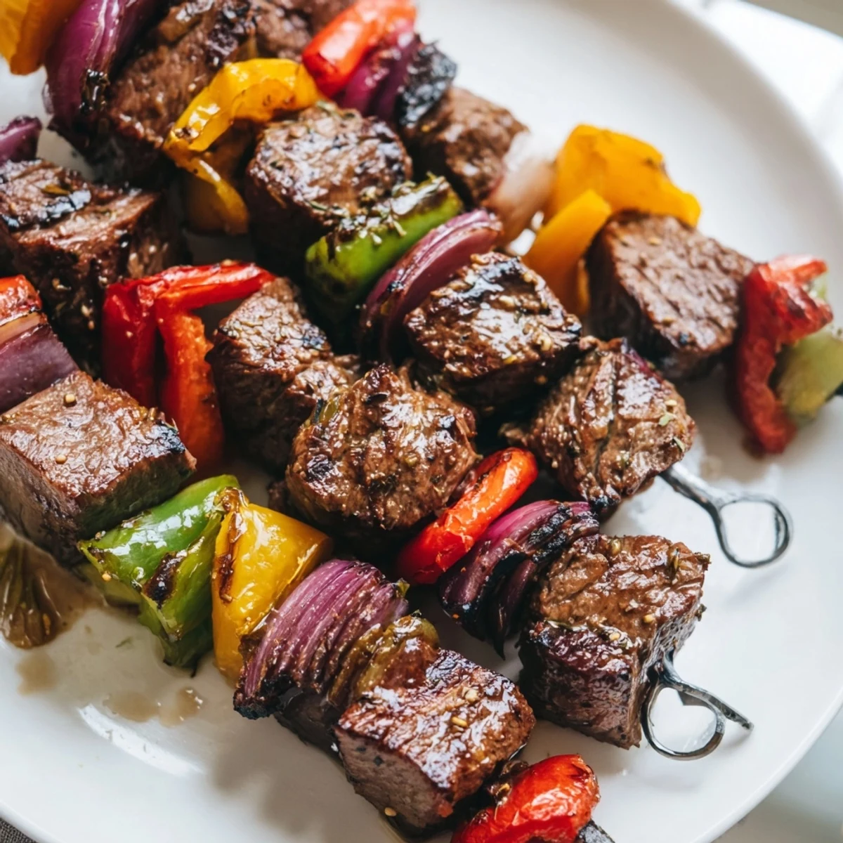 Tender Beef Kebabs with onions and peppers, beautifully charred, offering a delicious, savory meal.