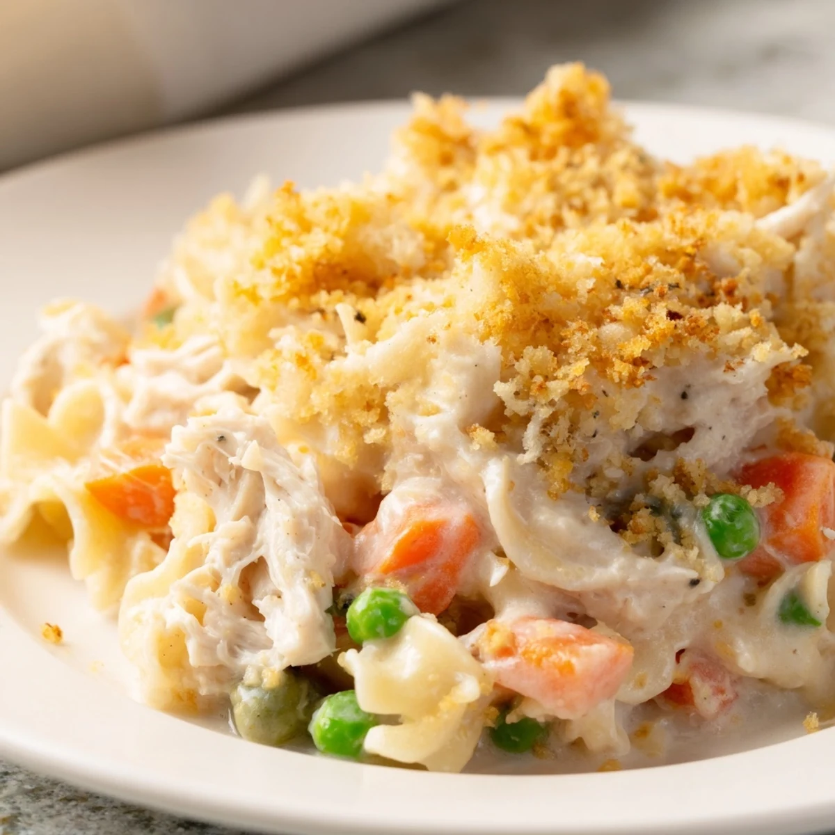 Golden, bubbly Chicken Noodle Casserole with a buttery crumble topping, perfect for comforting weeknight meals.