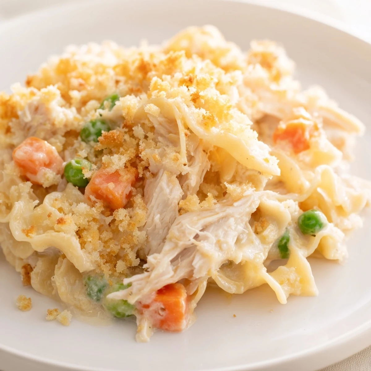 Warm Chicken Noodle Casserole, a family favorite, topped with a crisp, golden brown breadcrumb topping.