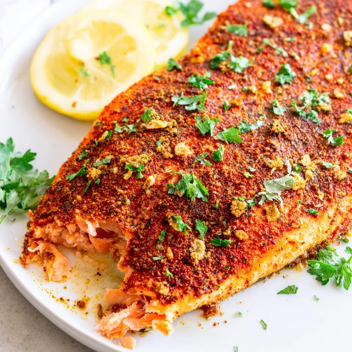 Baked salmon with Cajun seasoning: a flaky, moist fillet, redolent with spicy Cajun spices, ready to eat.