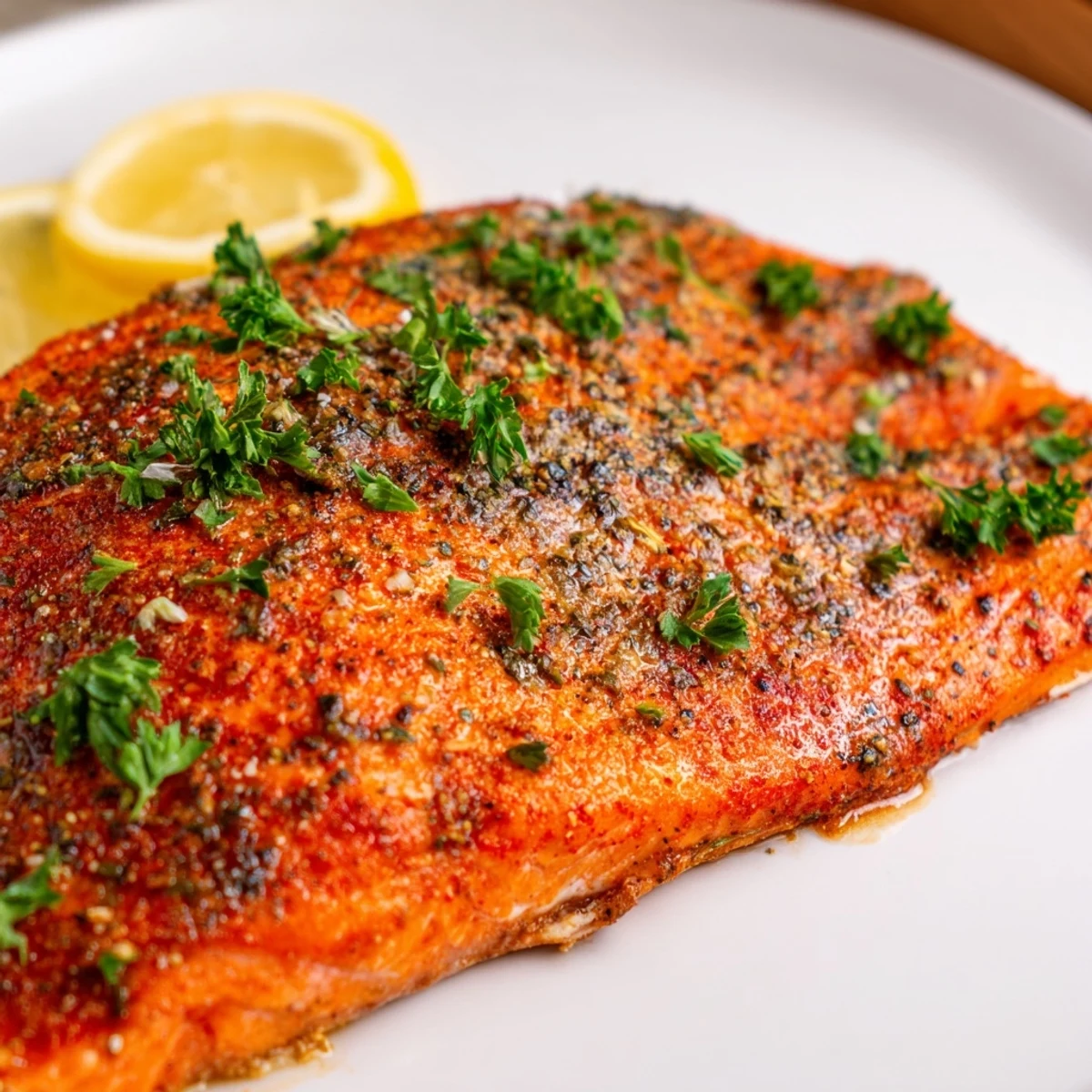 Golden-baked salmon with Cajun seasoning, served alongside bright lemon slices, looks incredibly flavorful.
