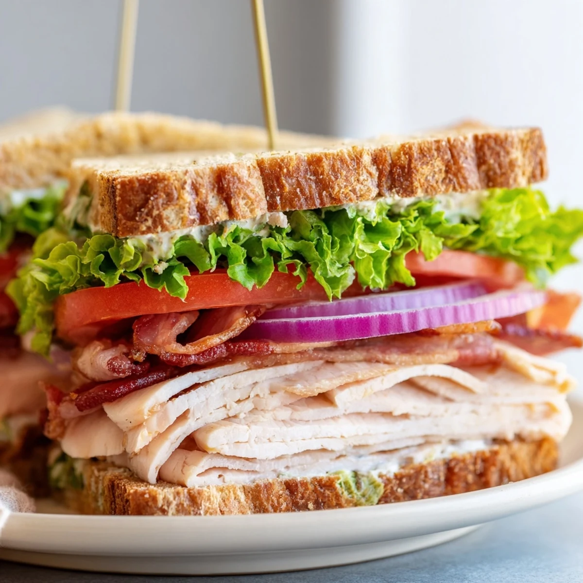 A layered, close-up view of a savory Turkey Club Sandwich, ready to eat, with all the tasty fixings.