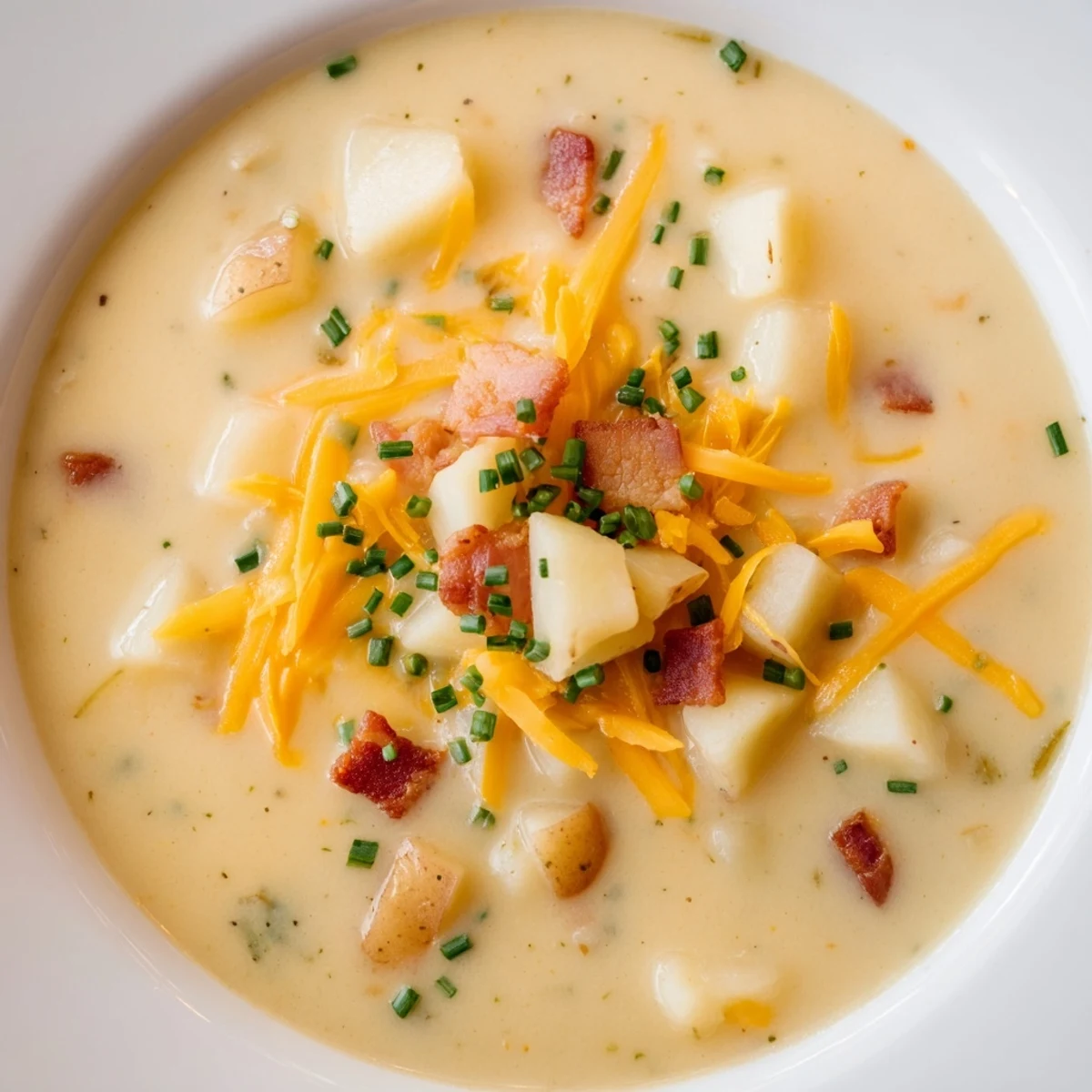 Steaming bowl of creamy potato soup with cheese, sprinkled with fresh chives and crispy turkey bacon.