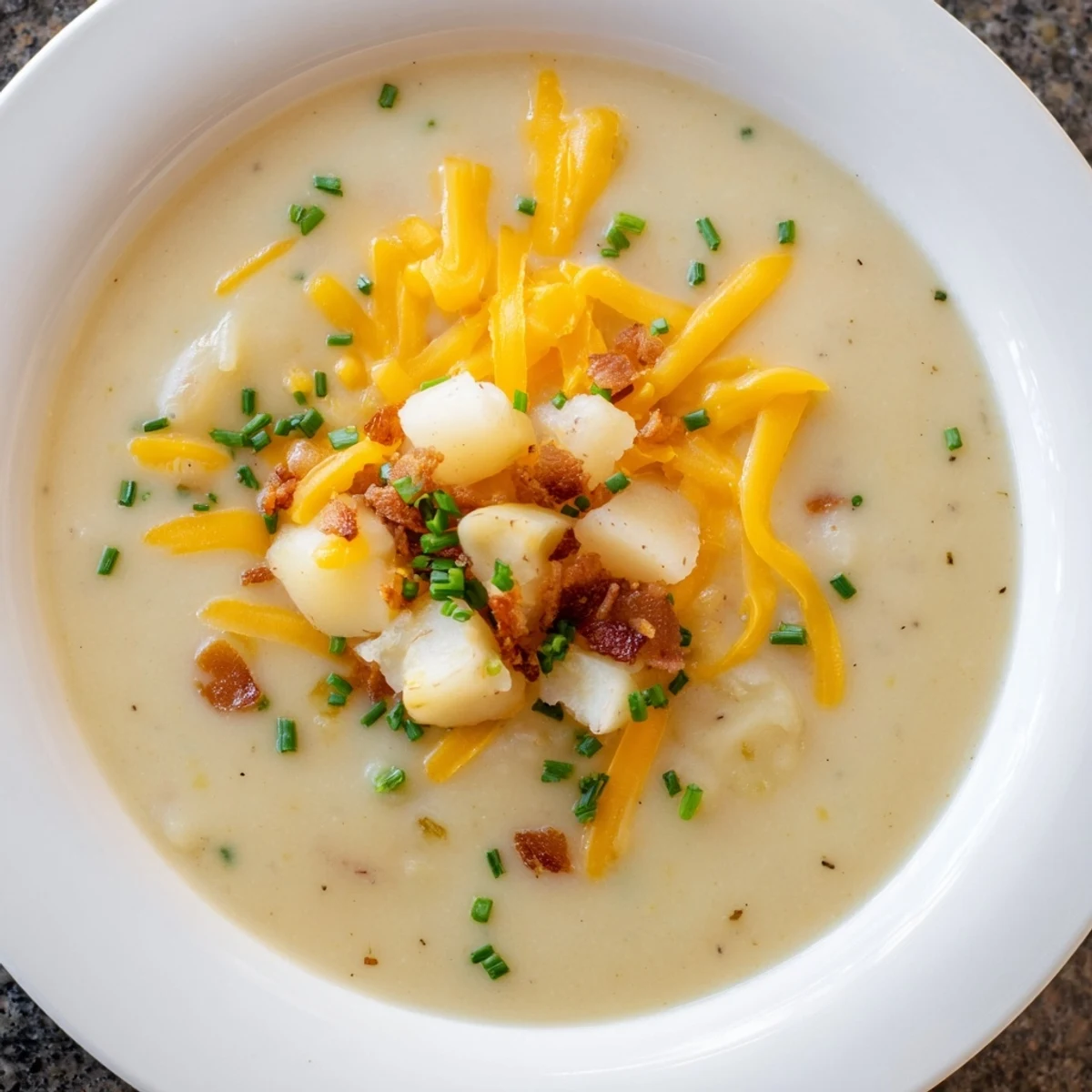Close-up of a hearty creamy potato soup with cheese, studded with flavorful halal turkey bacon.