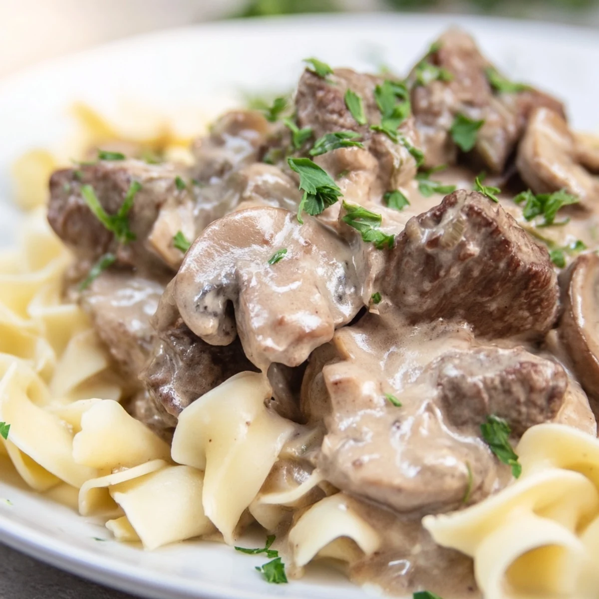 Golden seared beef and sautéed mushrooms in a rich, creamy Beef Stroganoff sauce.