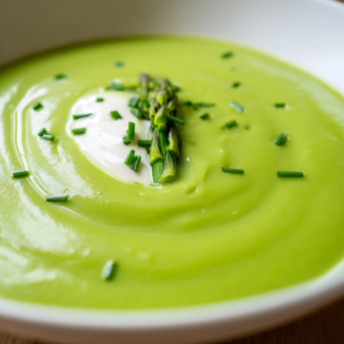 Creamy Asparagus Soup with Lemon and Crème Fraîche ladle in a rustic white bowl with a golden swirl.