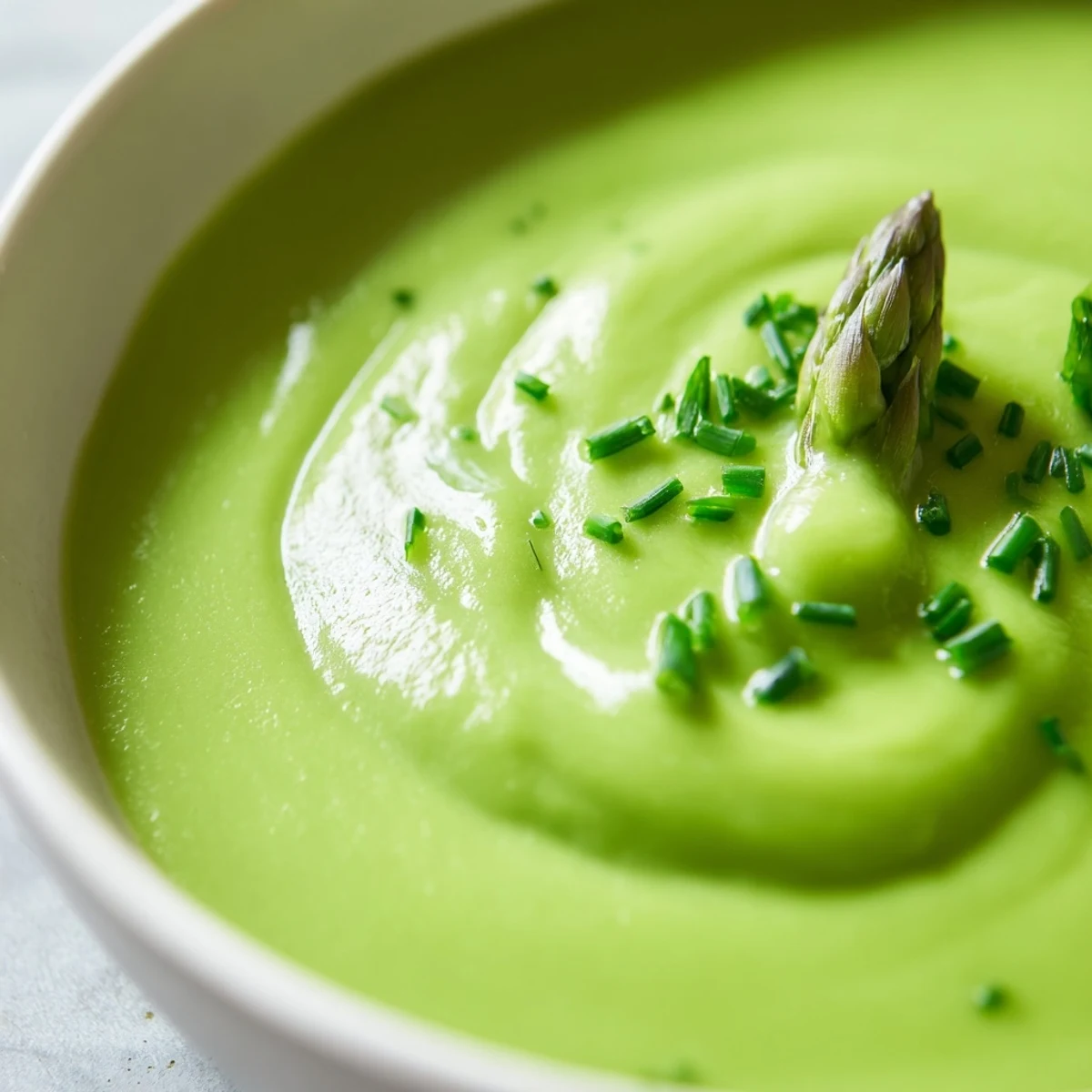 Steaming bowl of Creamy Asparagus Soup with Lemon and Crème Fraîche alongside crusty bread on a table.