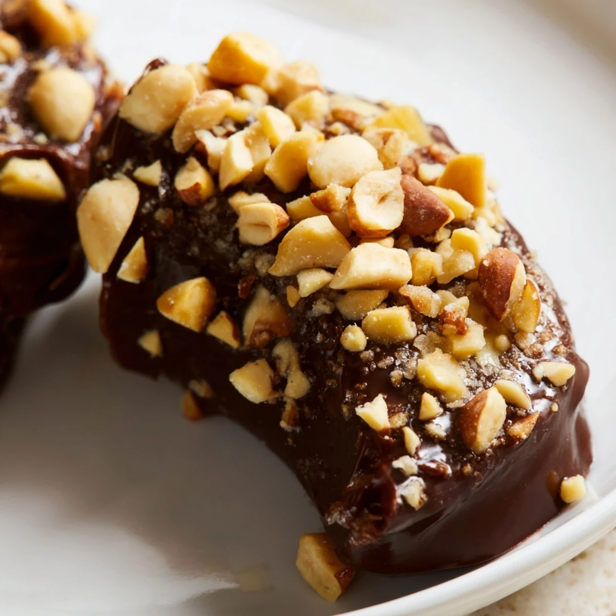 Perfectly frozen banana slices coated in melted dark chocolate and sprinkled with chopped peanuts for a crunchy finish.