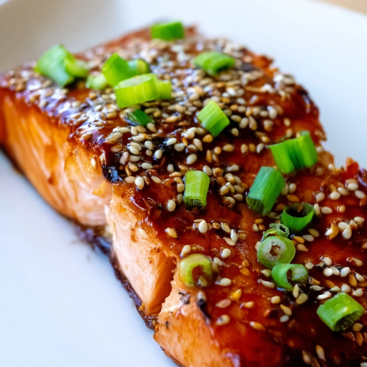 Flaky Baked Salmon with Teriyaki Glaze and Sesame steaming on a plate, paired with roasted broccoli and steamed rice for dinner.
