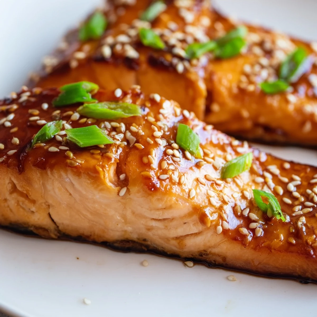 Close-up of Baked Salmon with Teriyaki Glaze and Sesame highlighting the sticky glaze and toasted sesame seeds over tender pink fillets.