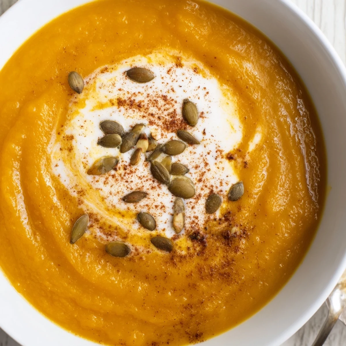 Velvety orange Winter Squash Soup with Apple and Ginger served in a white bowl topped with toasted pumpkin seeds.