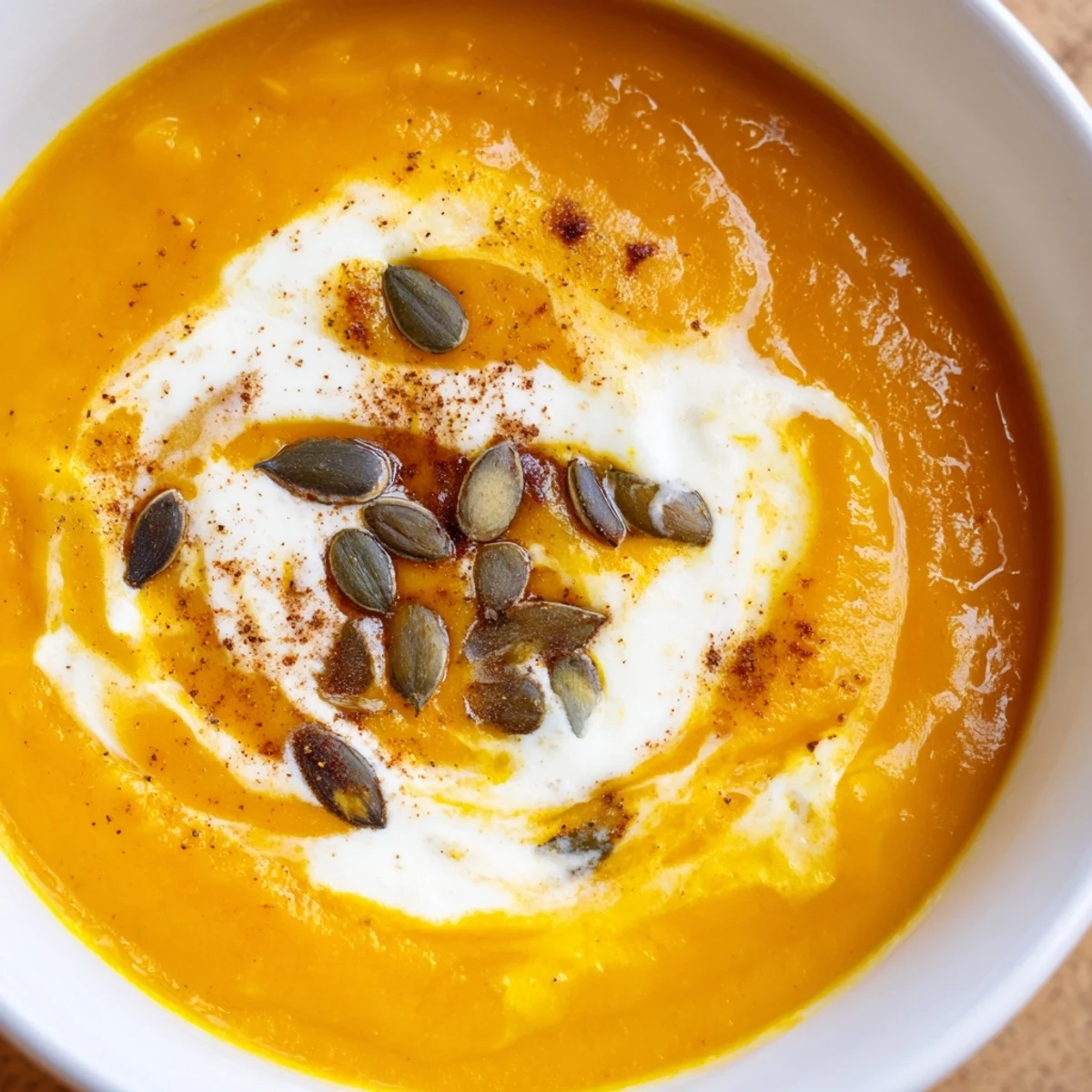 A steaming bowl of Winter Squash Soup with Apple and Ginger garnished with a swirl of cream and cinnamon.