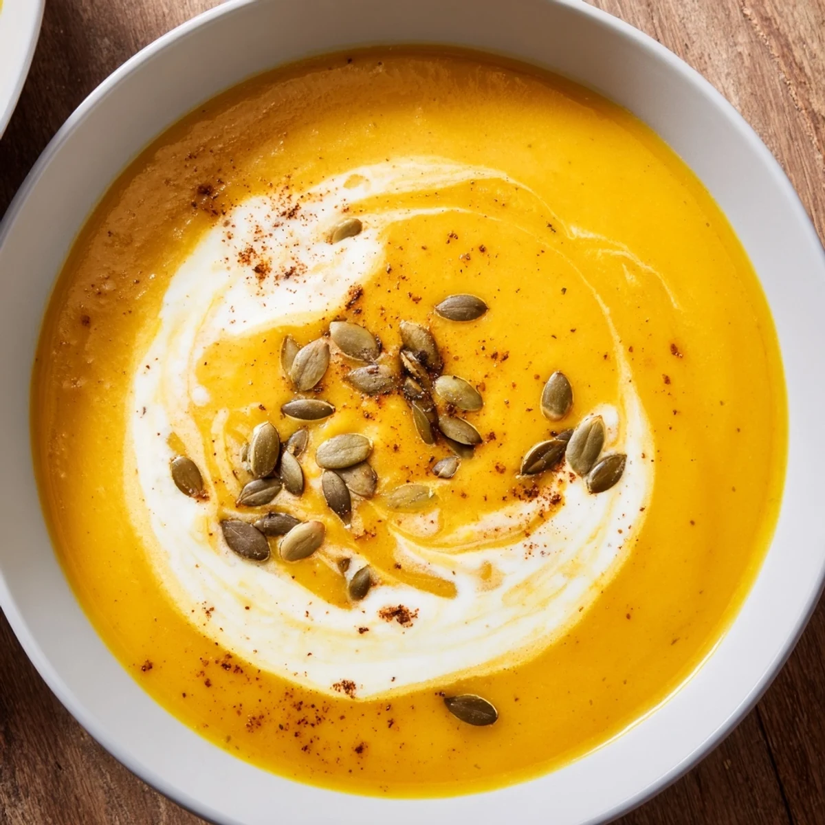 Winter Squash Soup with Apple and Ginger ladled into a rustic bowl beside crusty bread and fresh herbs.
