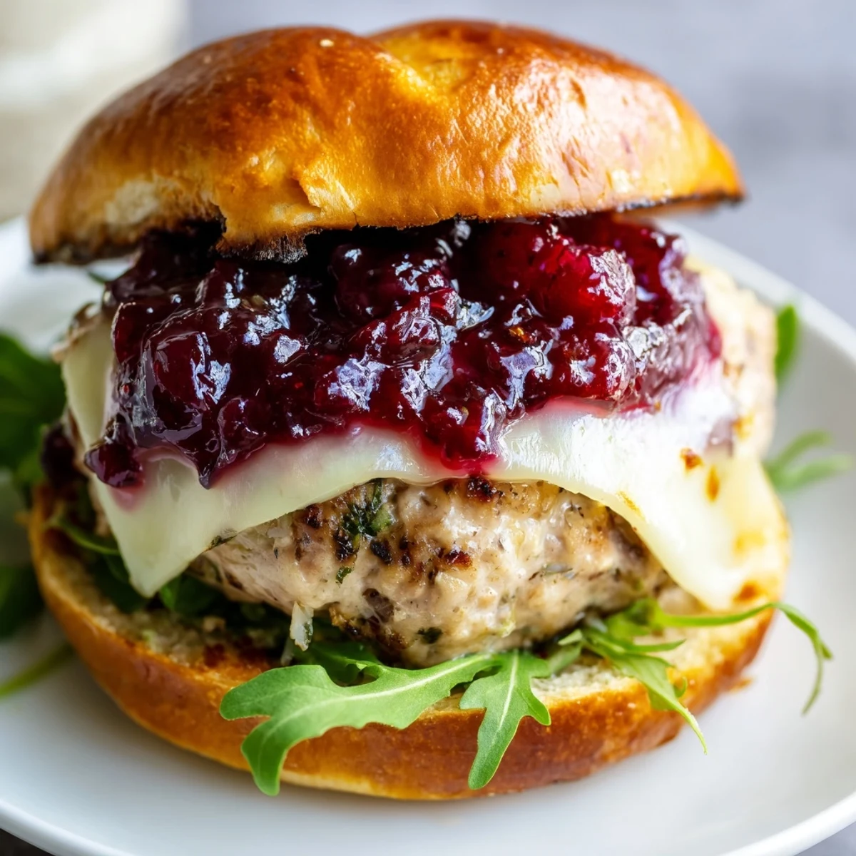 Savory turkey burgers featuring creamy Brie and tangy cranberry sauce on toasted buns.