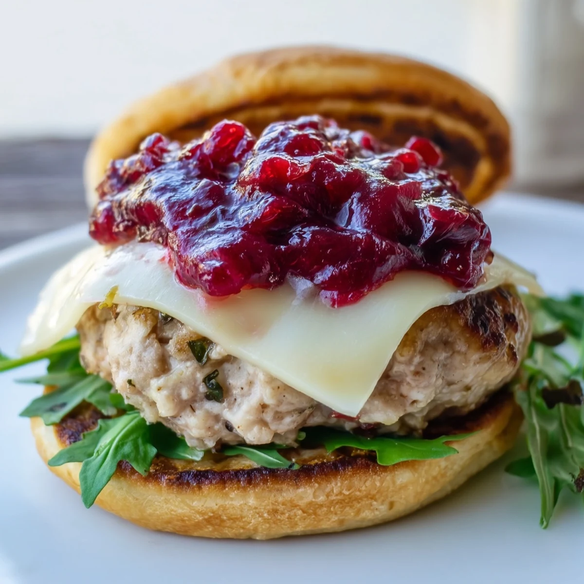 Golden-brown turkey burgers with melted Brie and cranberry sauce on toasted buns.