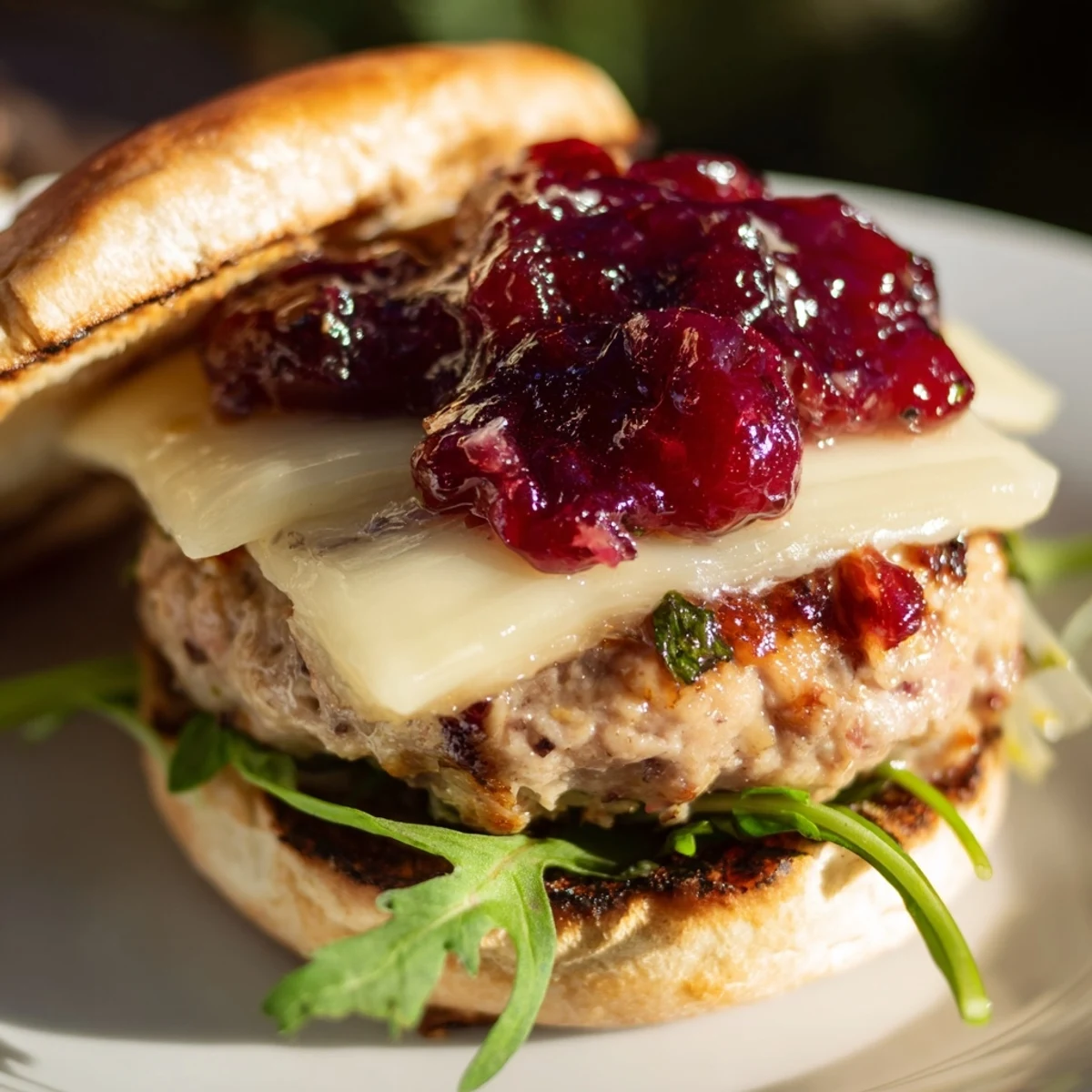 A close-up of juicy turkey burgers topped with cranberry sauce and Brie, served with arugula.