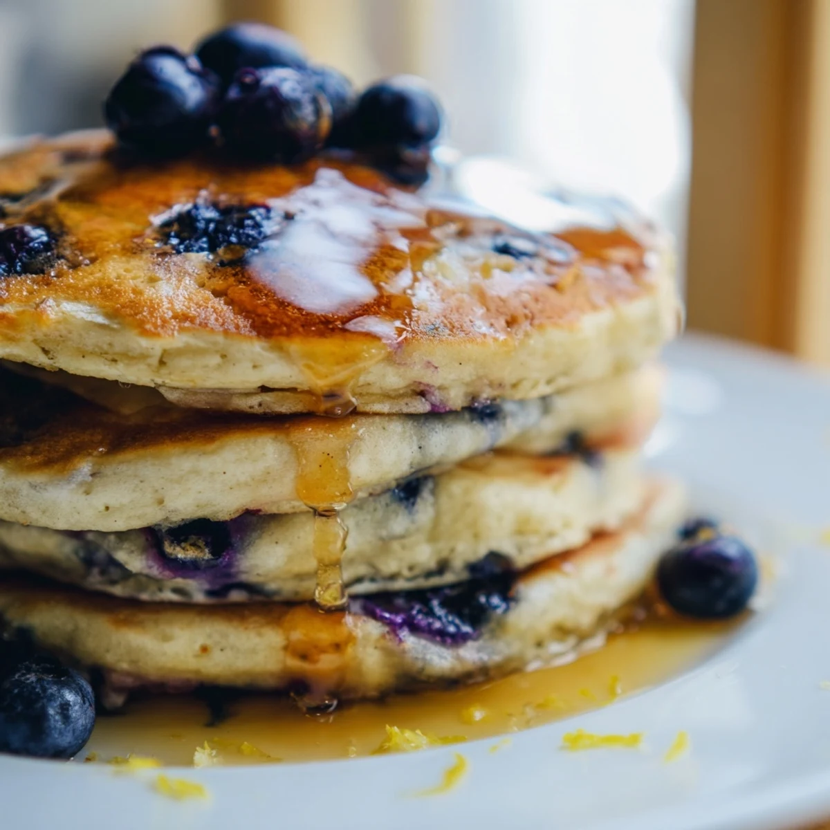 Stack of fluffy Lemon Blueberry Pancakes drizzled with warm maple syrup for a sweet breakfast.