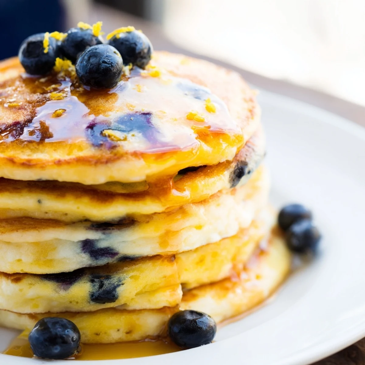 Morning breakfast of zesty Lemon Blueberry Pancakes with maple syrup, ready to serve warm.
