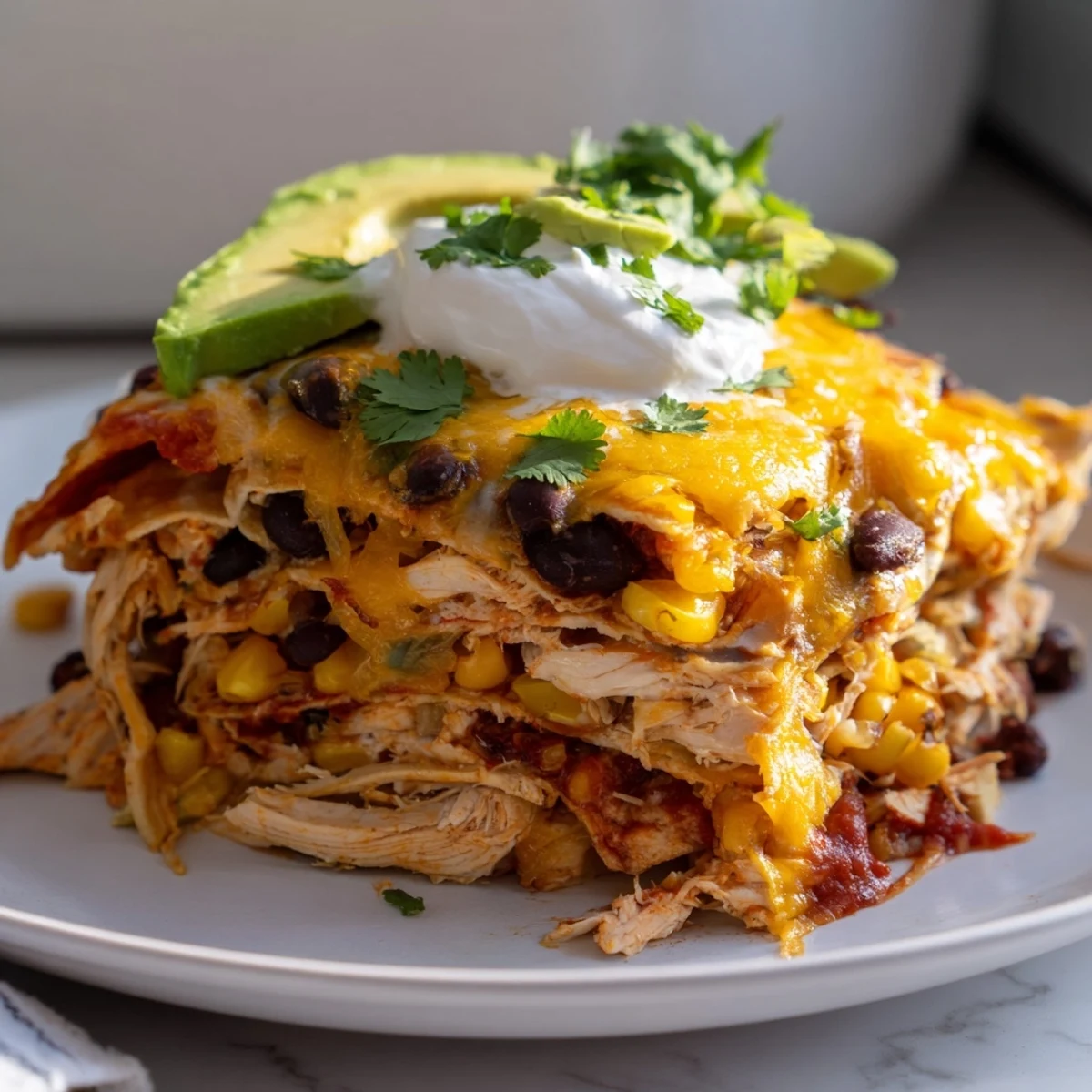Golden-brown melted cheddar cheese blankets this bubbling Chicken Enchilada Casserole fresh from the oven.