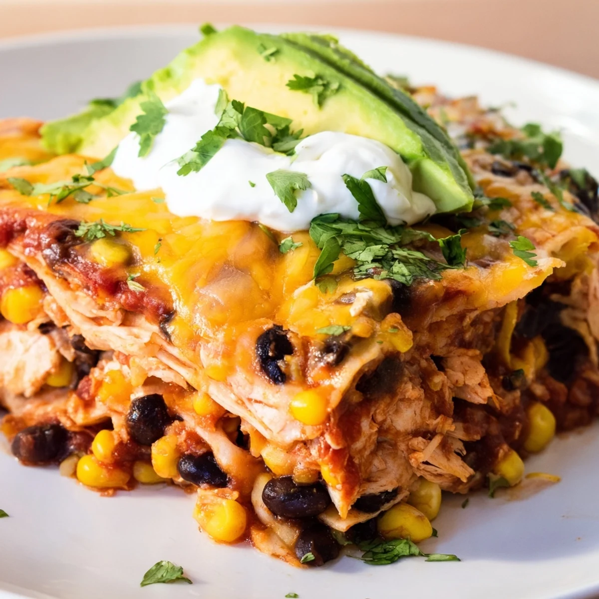 Shredded chicken, corn tortillas, and black beans are layered with red enchilada sauce for a hearty slice.