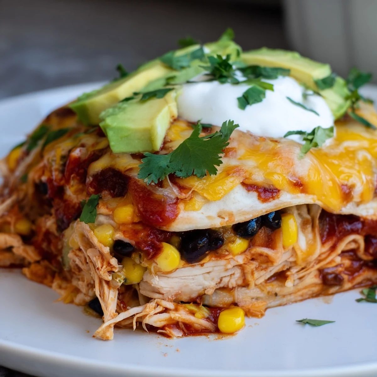 Sliced avocado and fresh cilantro garnish the dinner plate, serving a warm, cheesy Mexican-American casserole.