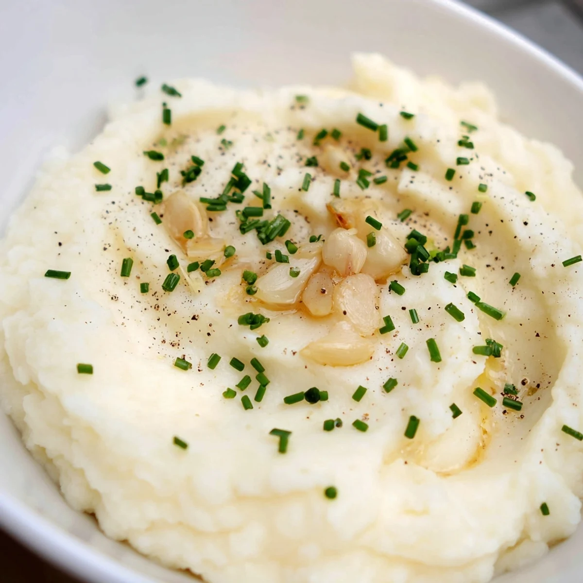 Creamy roasted garlic mashed cauliflower with chives served in a rustic bowl as a low carb side dish.