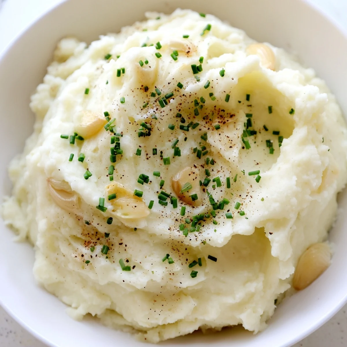 Healthy gluten-free roasted garlic mashed cauliflower garnished with fresh chives, paired alongside roasted chicken for dinner.
