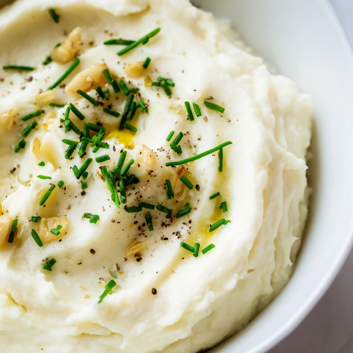 Golden roasted garlic cloves and steamed cauliflower florets mashed with butter and sour cream for a velvety texture.