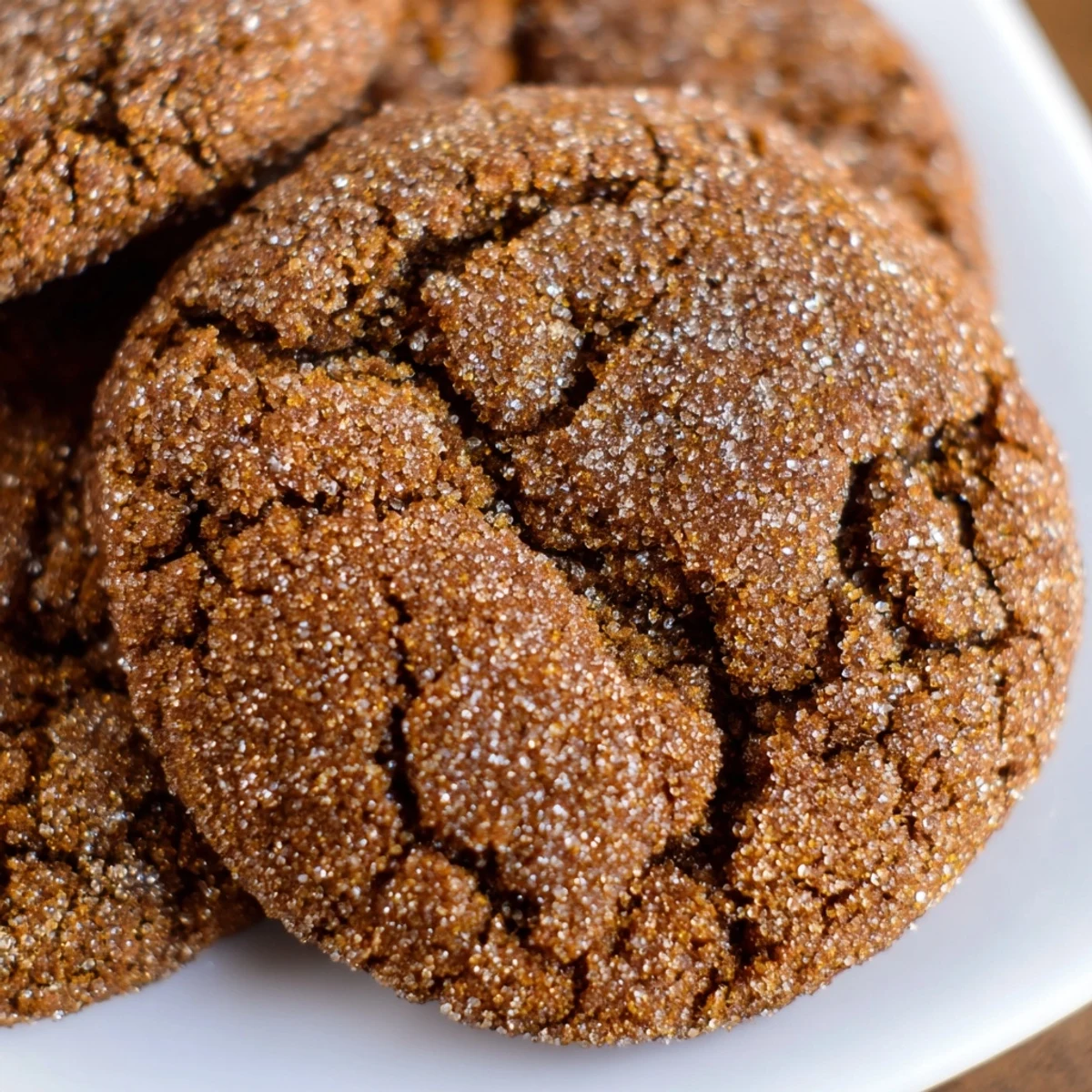 Golden-brown Spiced Molasses Cookies stacked on a white plate, next to a glass of cold milk and festive holiday decor.