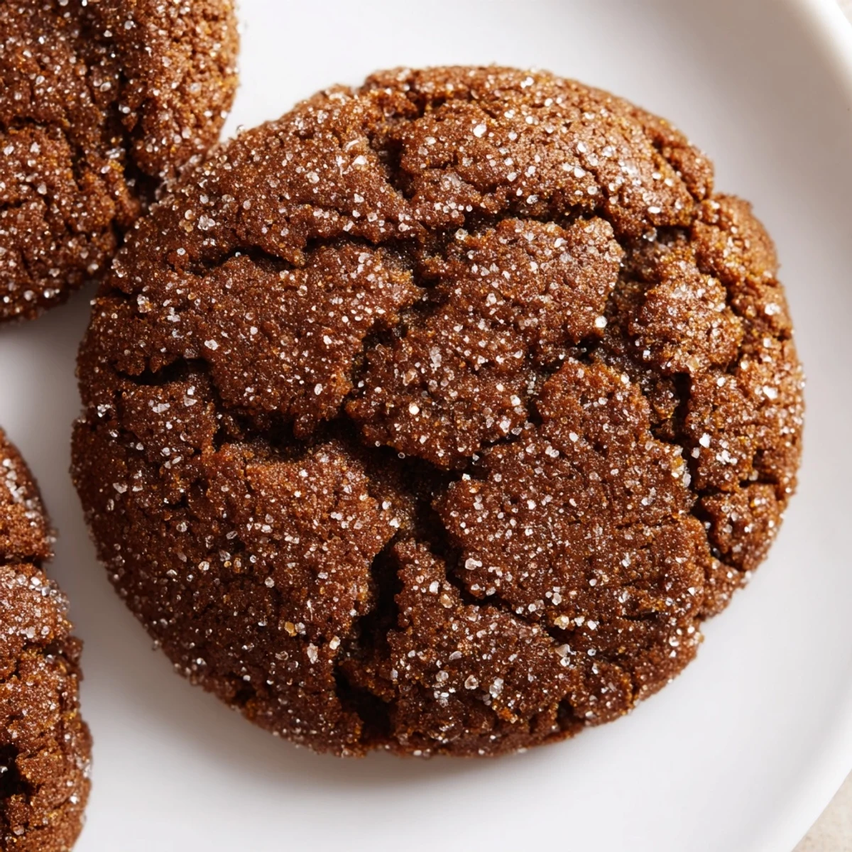 Chewy Spiced Molasses Cookies dusted with sugar, featuring cracked edges and warm spices, ready to enjoy with a hot cup of coffee.