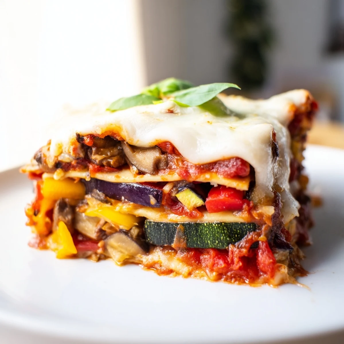 Golden-brown Roasted Vegetable Lasagna with Cheese Sauce bubbling from the oven, featuring layers of tender zucchini and eggplant.