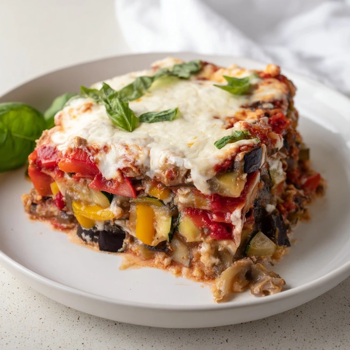 Creamy, velvety Roasted Vegetable Lasagna with Cheese Sauce slice on a plate, garnished with fresh basil and ready to serve.