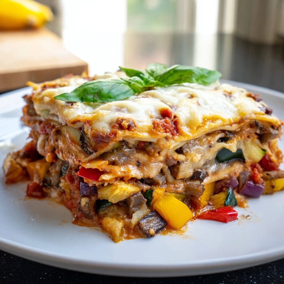 Cheesy, oven-baked Roasted Vegetable Lasagna with Cheese Sauce in a baking dish, showcasing colorful roasted peppers and mushrooms in the layers.