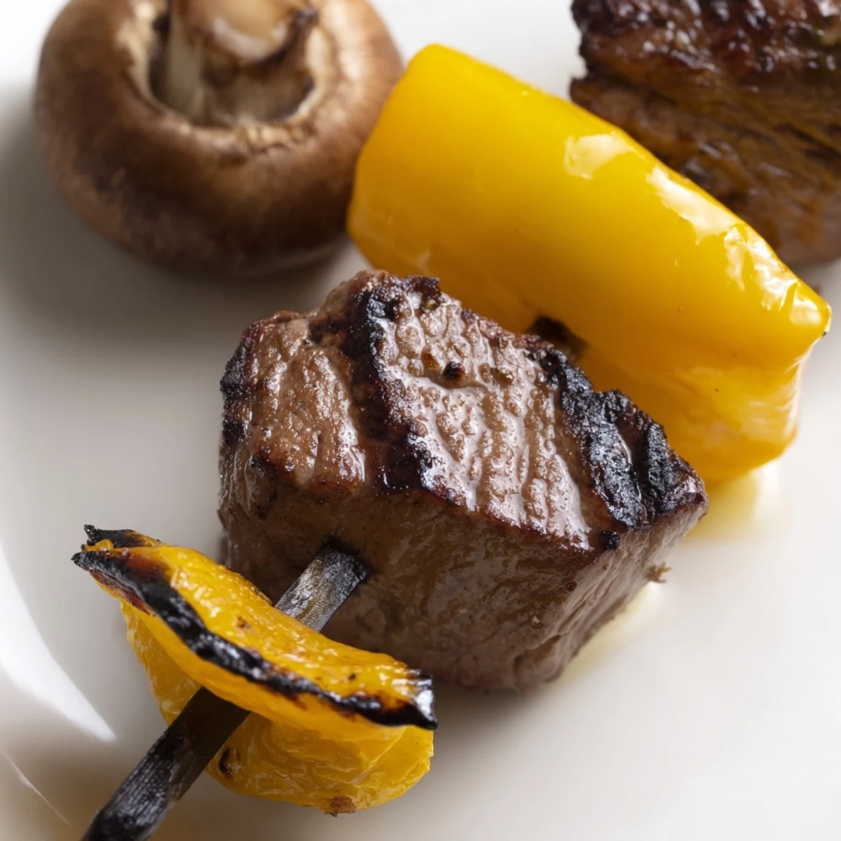 Juicy Beef Kebabs with Peppers and Mushrooms sizzling on a grill, showing charred edges and tender veggies.