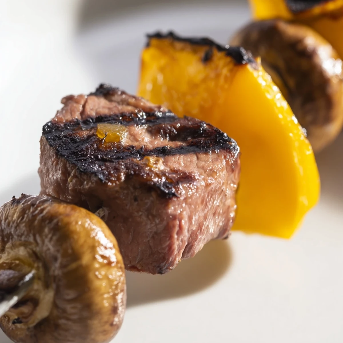 Golden grilled Beef Kebabs with Peppers and Mushrooms skewers resting beside a bowl of smoky barbecue sauce.