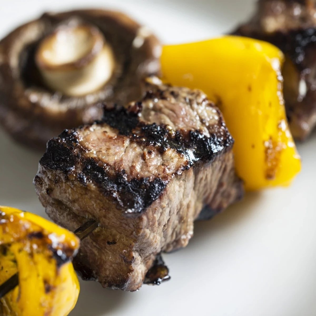 Colorful Beef Kebabs with Peppers and Mushrooms arranged on a platter with fluffy rice and fresh parsley.