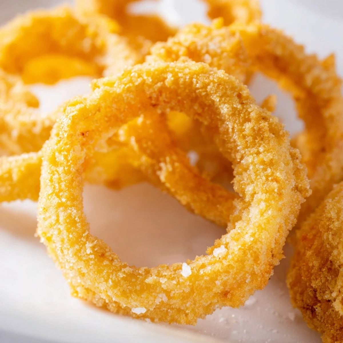 Freshly fried Crispy Onion Rings with Batter steam slightly, served alongside a juicy burger and fries for a classic meal.
