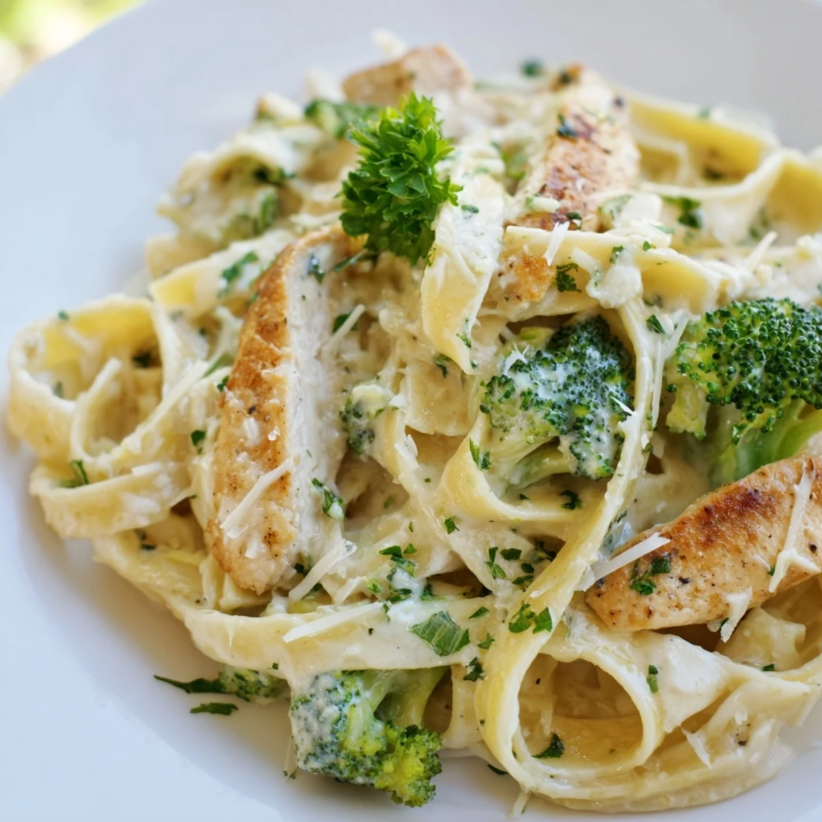 Creamy Chicken Alfredo with Broccoli served in a shallow bowl, garnished with fresh parsley and extra Parmesan cheese.