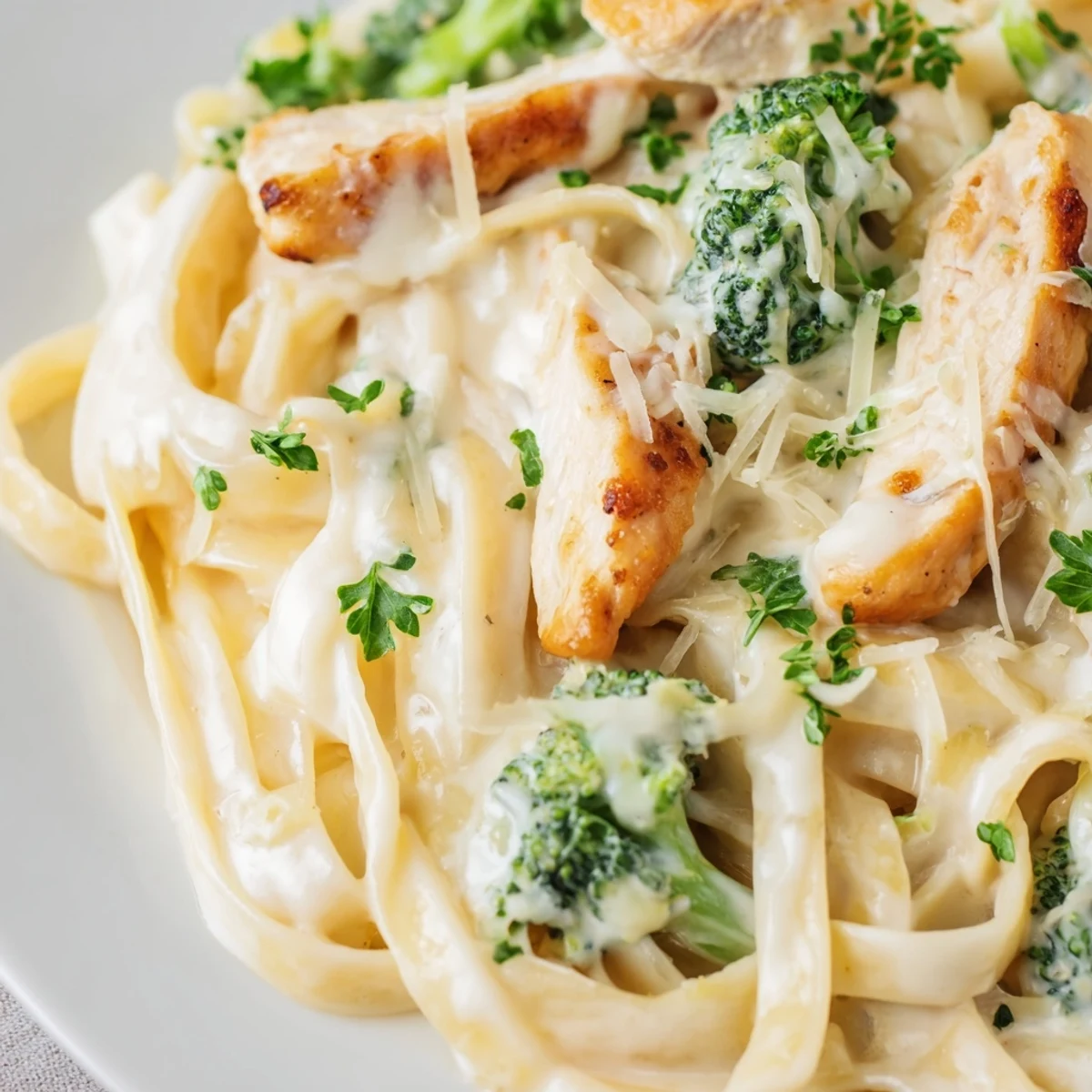 A comforting, easy weeknight dinner of Creamy Chicken Alfredo with Broccoli, plated for a family-style meal.