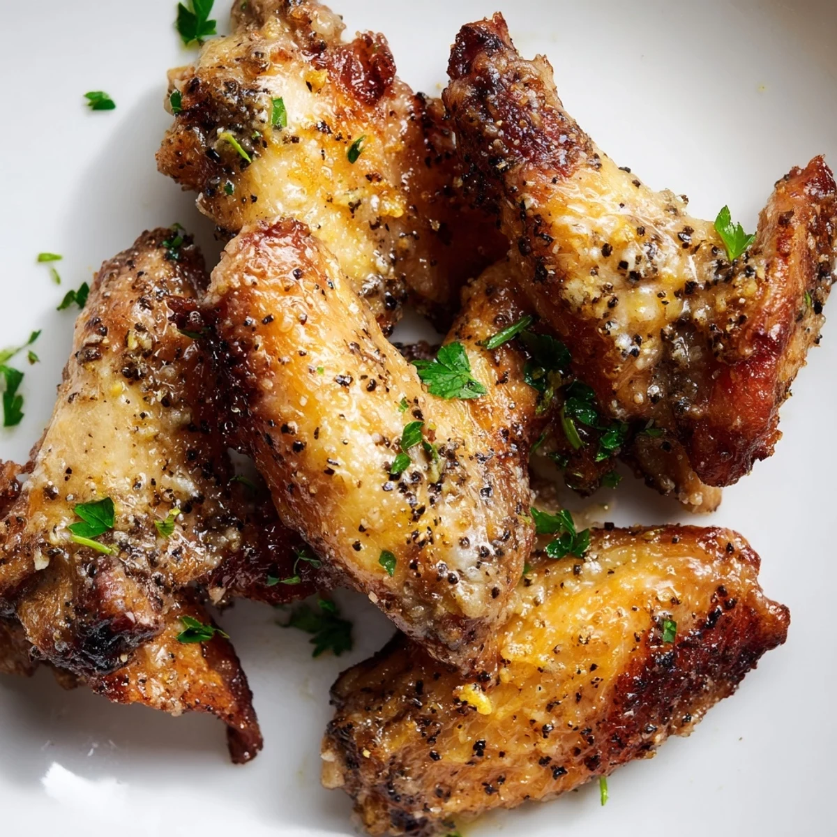 Golden brown Baked Lemon Pepper Chicken Wings fresh from the oven on a wire rack, glistening with zesty lemon butter.