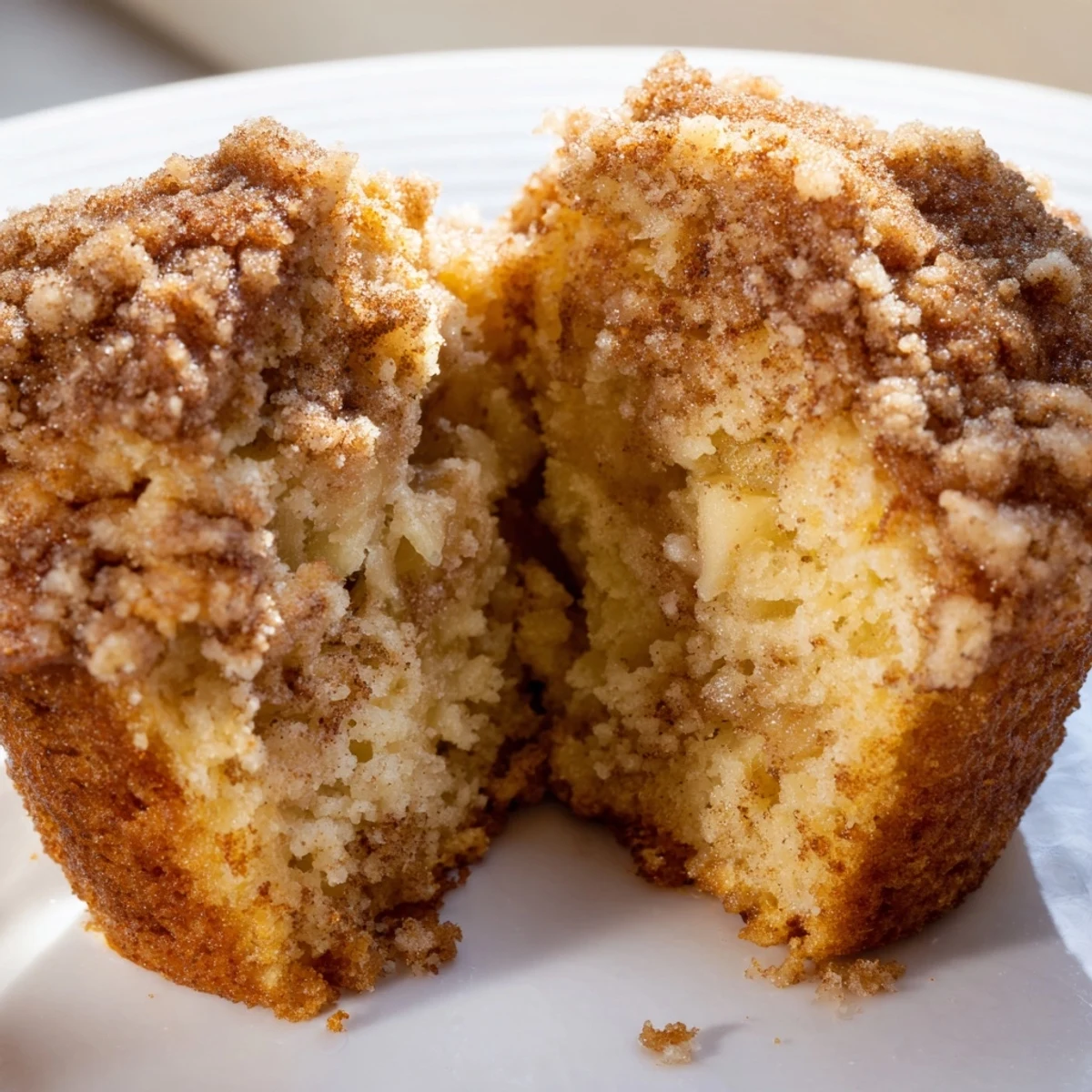 Freshly baked Cinnamon Apple Muffins with Streusel served warm on a plate, ready for a cozy breakfast treat.