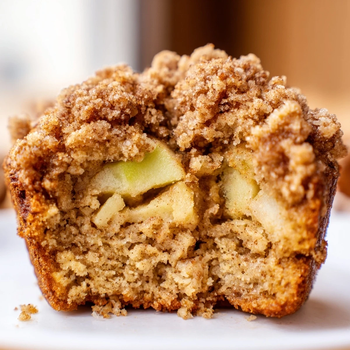 A close-up of Cinnamon Apple Muffins with Streusel shows chunky apples and a crunchy, buttery crumble topping.