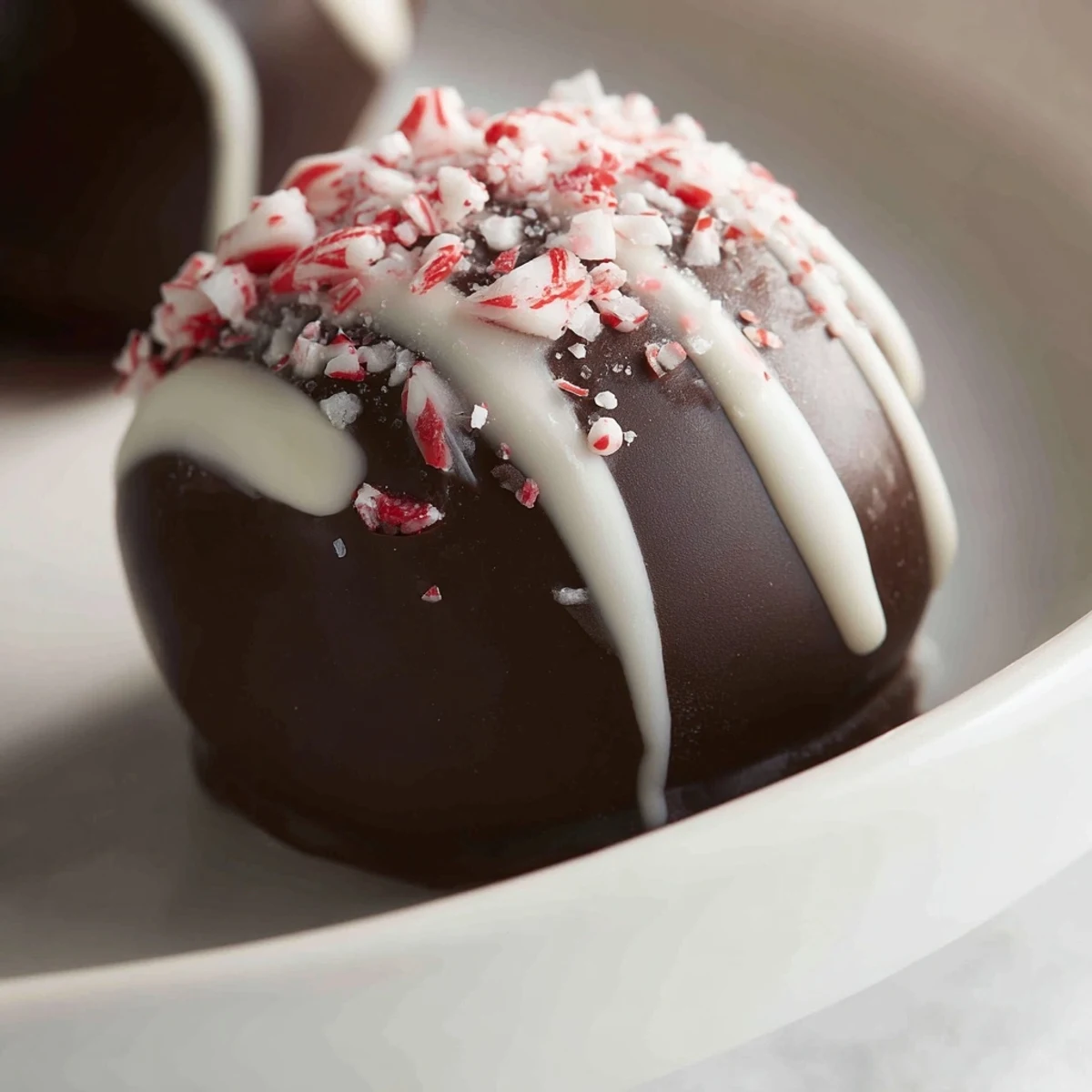 White-chocolate-drizzled peppermint hot cocoa bombs with marshmallows overflow from a clear glass mug as hot milk melts them.