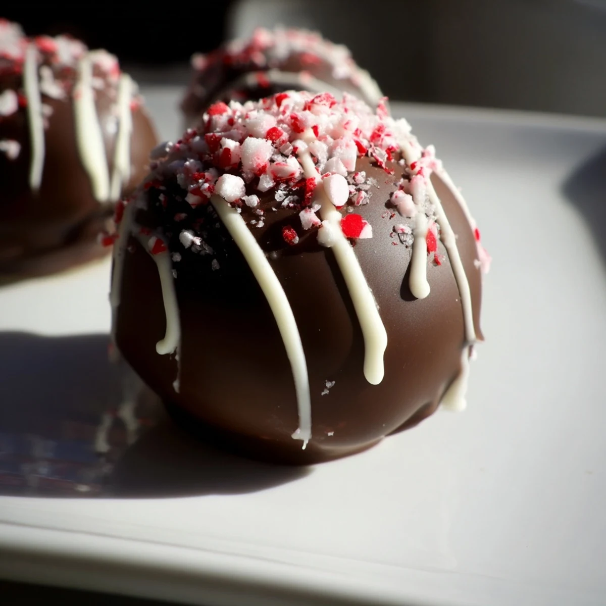 Six glossy peppermint hot cocoa bombs rest on a snowy plate with crushed peppermint and a candy cane, ready for gifting.