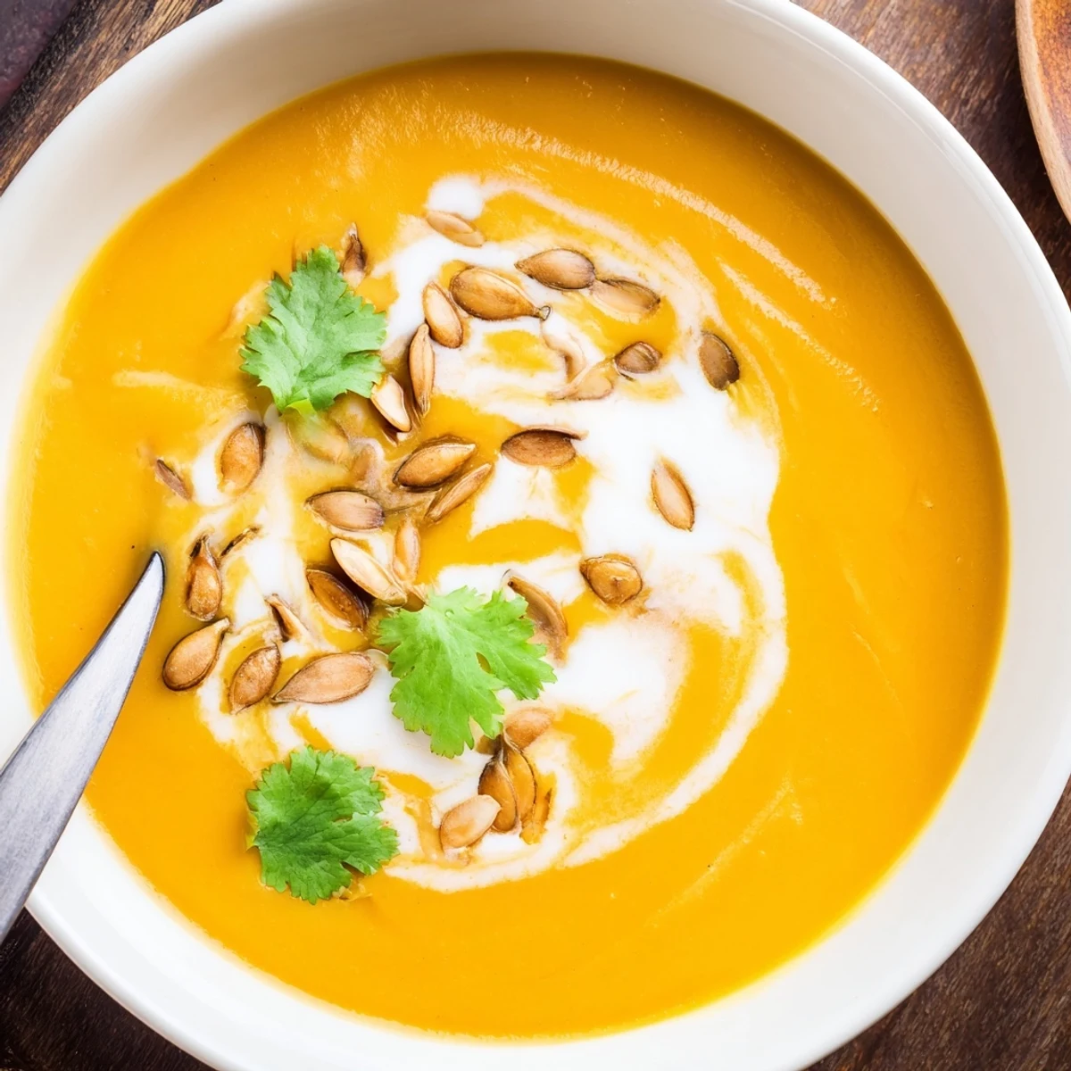 Creamy Savory Pumpkin Soup with Curry Powder steaming in a bowl, garnished with cilantro, pumpkin seeds, and a coconut swirl.