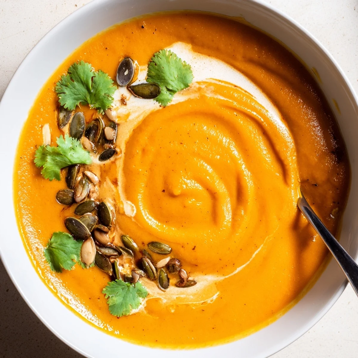 A pot of golden Savory Pumpkin Soup with Curry Powder, simmering with aromatic spices and fresh vegetables on the stovetop.