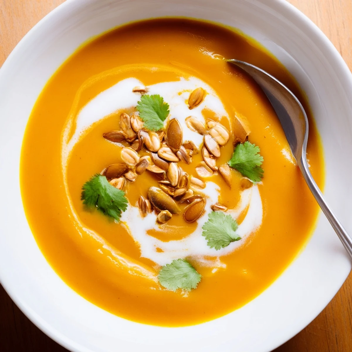 Close-up of velvety Savory Pumpkin Soup with Curry Powder, topped with toasted pumpkin seeds and a drizzle of coconut milk.