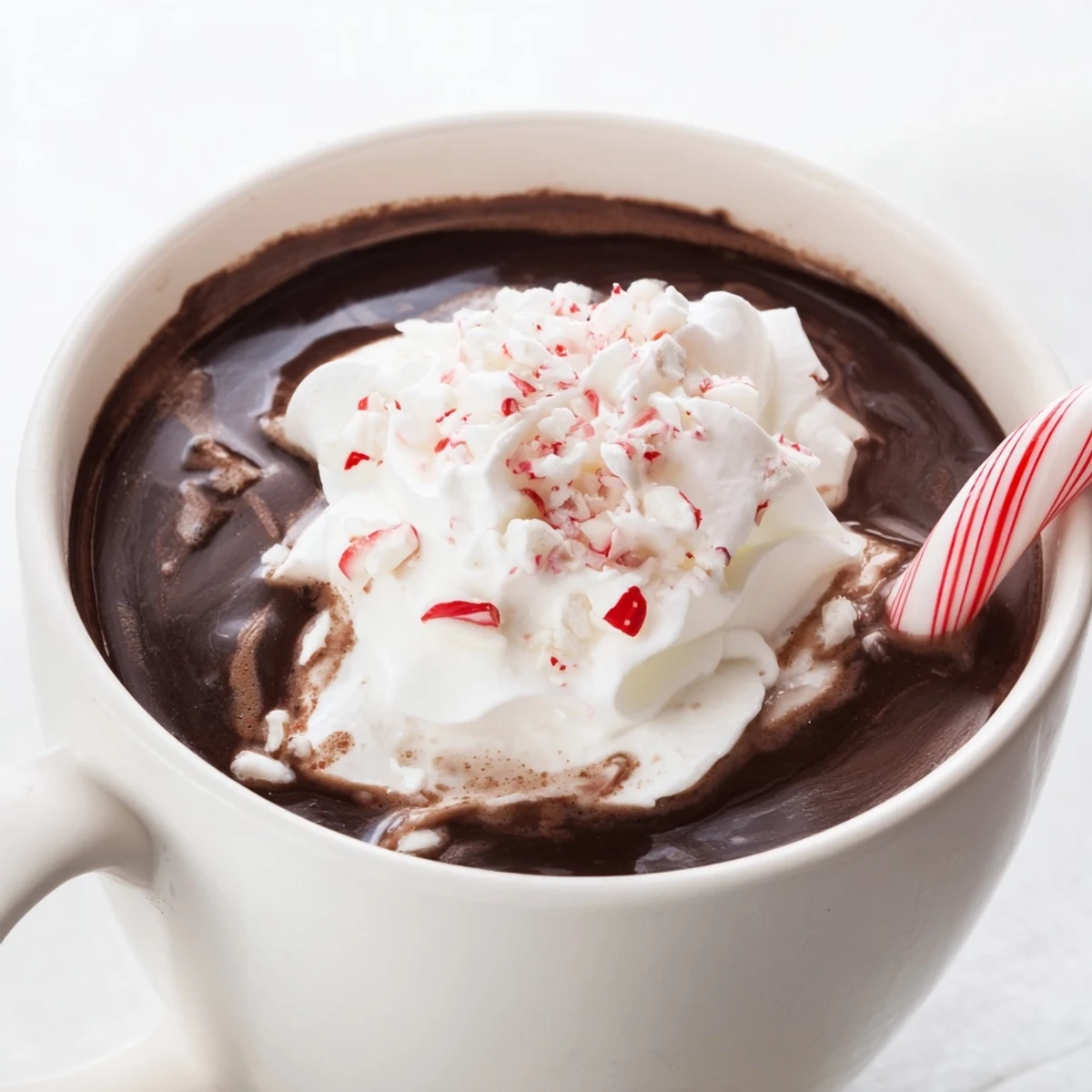 Creamy peppermint stick hot cocoa topped with whipped cream and a candy cane stirrer in a cozy mug.