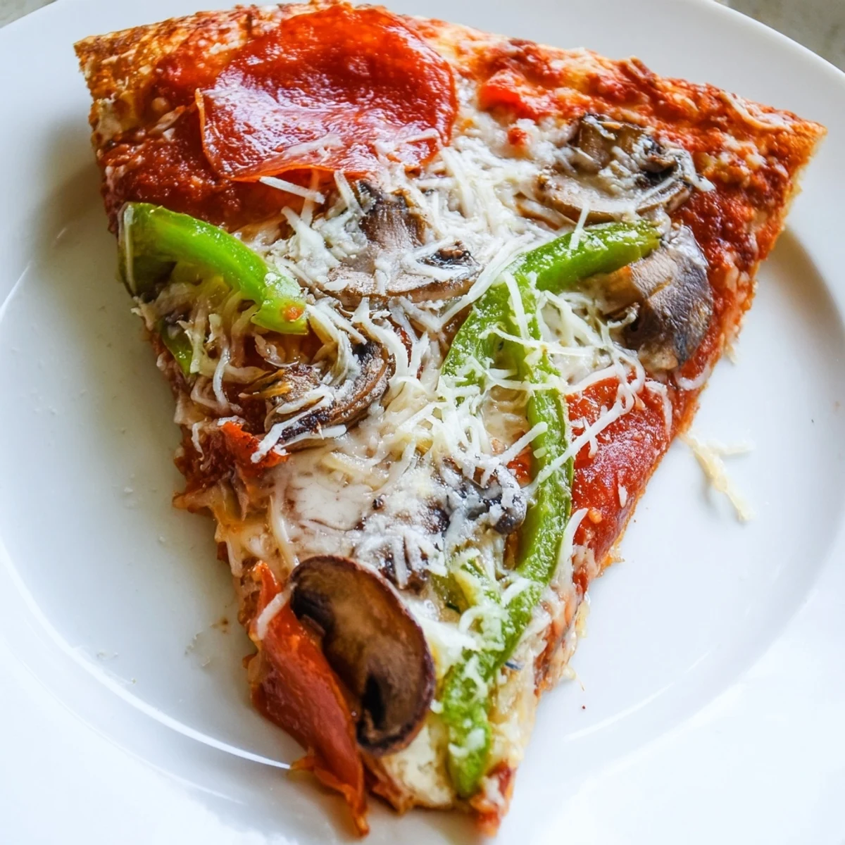 Golden-brown Crispy Crust Pizza on a wooden board, topped with melted mozzarella, tangy tomato sauce, and fresh basil.