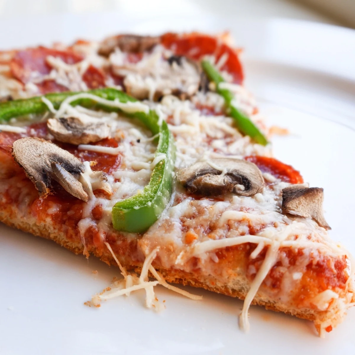 A rustic wooden board holds a golden-brown Crispy Crust Pizza topped with melted mozzarella, tangy tomato sauce, and fresh basil.